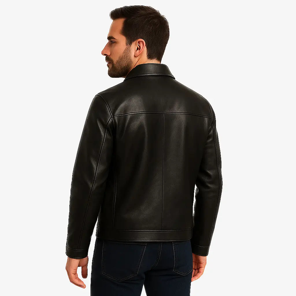 Jaqueta Masculina Casual Em Couro Com Bolsos