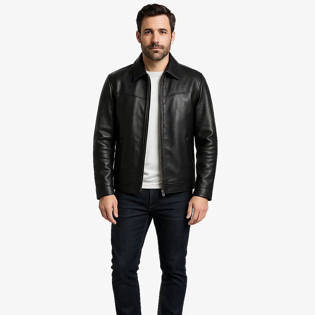 Jaqueta Masculina Casual Em Couro Com Bolsos