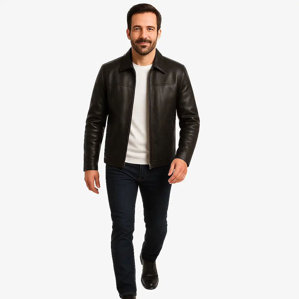 Jaqueta Masculina Casual Em Couro Com Bolsos