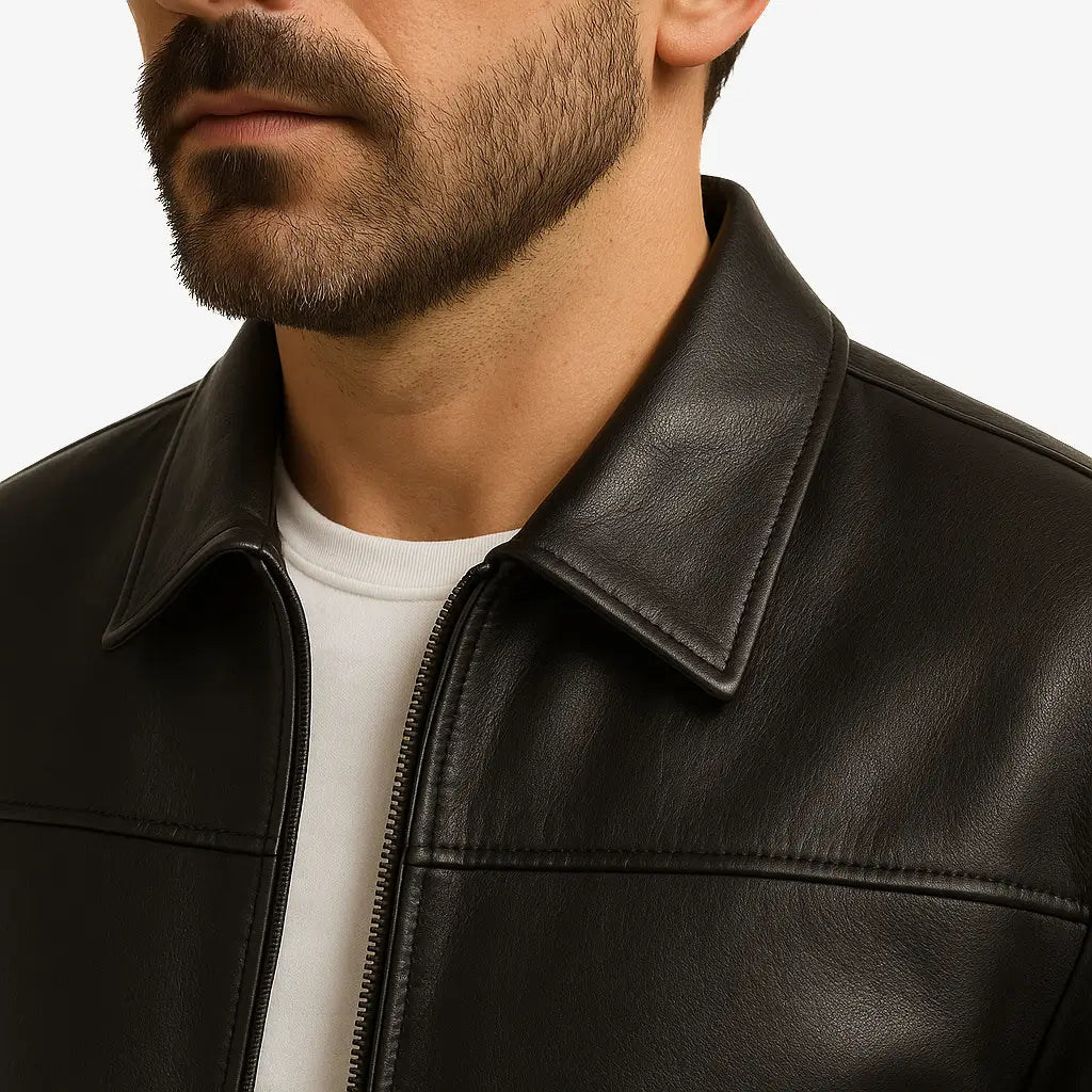Jaqueta Masculina Casual Em Couro Com Bolsos