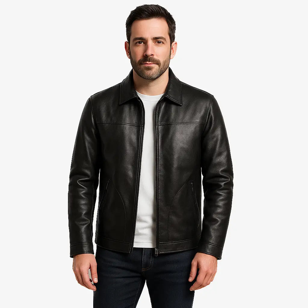 Jaqueta Masculina Casual Em Couro Com Bolsos