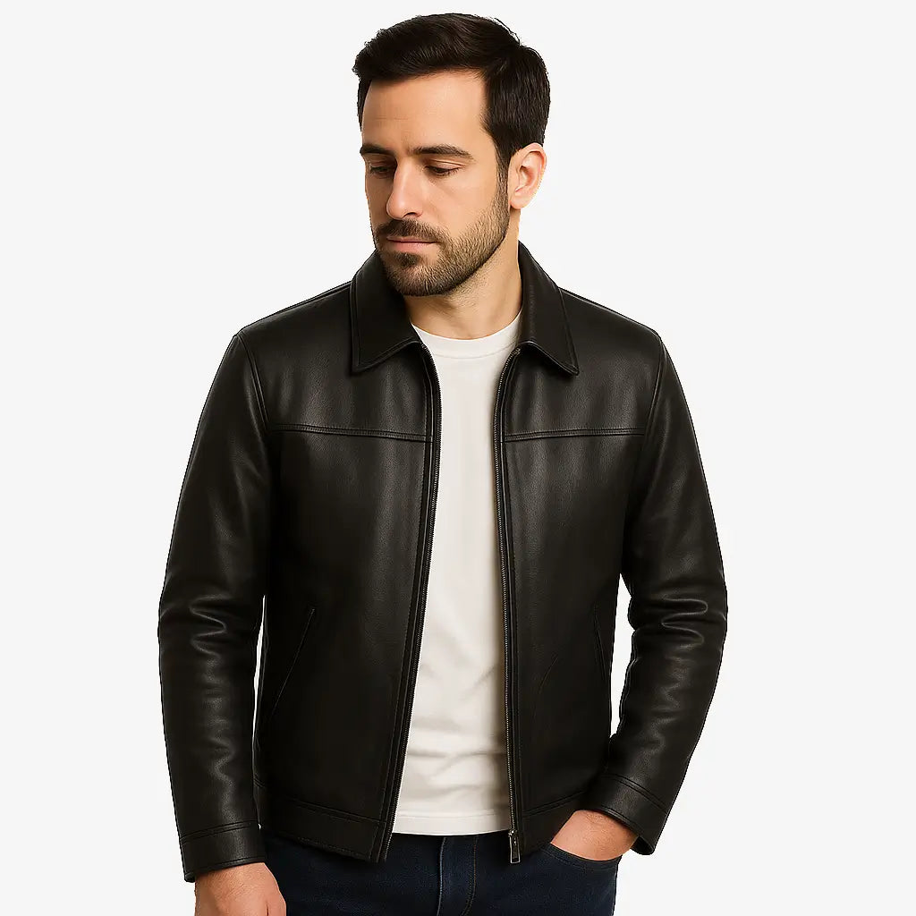 Jaqueta Masculina Casual Em Couro Com Bolsos