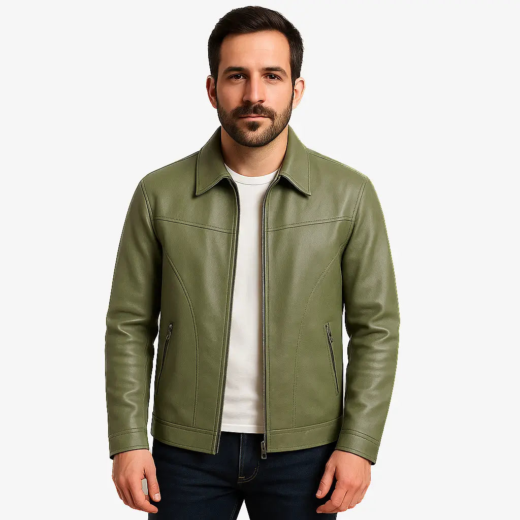 Jaqueta Masculina Casual Em Couro Com Bolsos